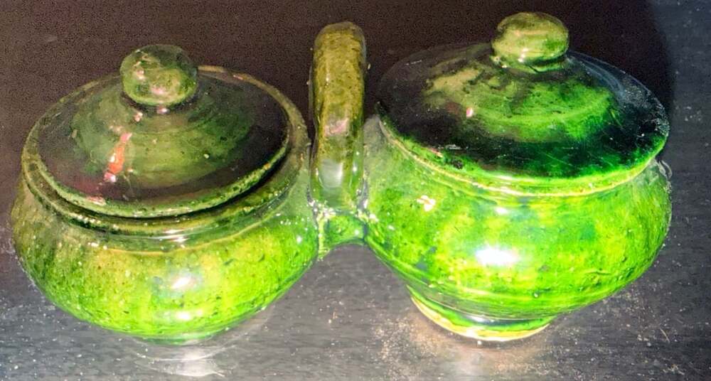 Vintage Green Glazed Double Jam Pot Condiment Jar Set